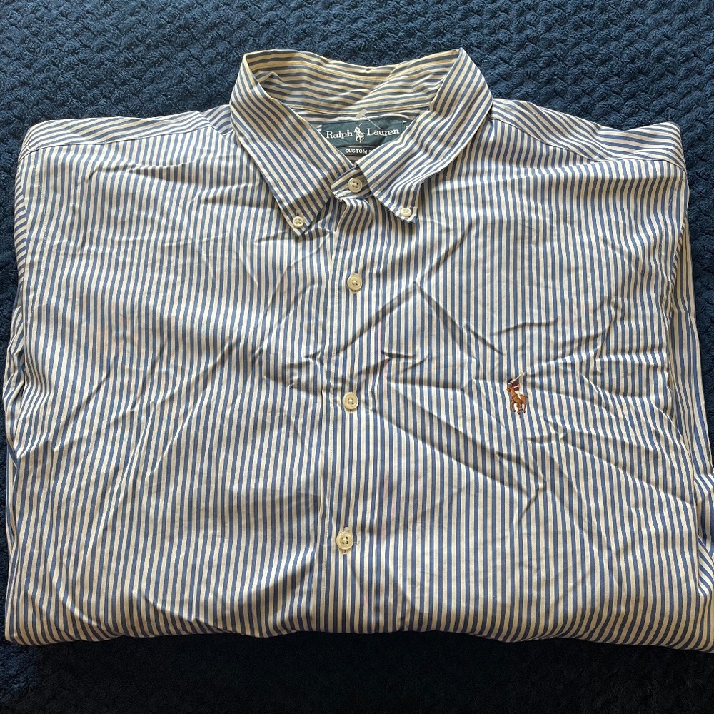 Men's Raph Lauren Blue/White Striped Custom Fit Buttoned Down Long Sleeved Shirt
